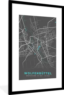 Produktbild von MuchoWow® Gerahmtes Poster Stadtplan - Deutschland - Blau - Wolfenbüttel - Karte 60x90 cm - Poster mit Schwarzem Bilderrahmen Wandposter Rahmen Foto Bilder - Dekoration - Wandposter Wohnzimmer - Hochwertig