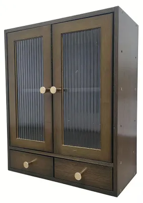 Bamboe opbergkast met acryl deuren, 2 laden, 37x17x46 cm, braun