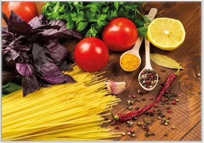 Produktbild von Wallario Wandbild Italienisches Menü mit Spaghetti, Tomaten, Basilikum und Gewürzen, Größe: 70,30 x 100,30 cm, Poster mit weißem Kunststoffrahmen