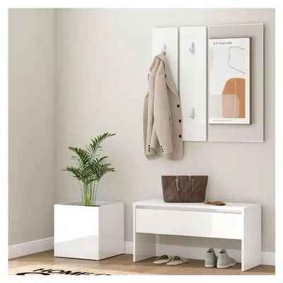 Produktbild von Garderoben-Set Hochglanz-Weiß aus Holzwerkstoff für Eingangsbereich, Schlafzimmer und Wohnzimmer