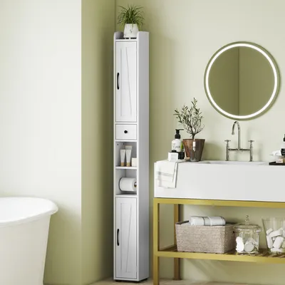 Produktbild von Bad-Hochschrank Schmal 20x20x185 cm Nischenschrank mit 2 Türen & Schublade, Weiß, Landhausstil Badschrank mit Toilettenpapierhalter und Kippschutz