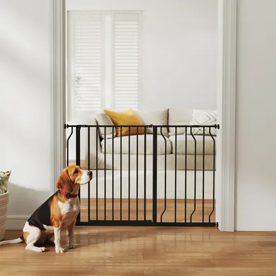 Produktbild von Hunde-Absperrgitter Klemmmontage verstellbar, Türschutzgitter Stahl ABS, Schwarz | 76 cm hoch | 75–115 cm Breite | doppeltes Schloss
