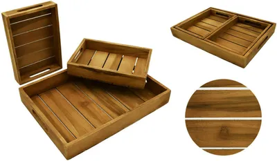 Produktbild von Teak Holz Tablett Serviertablett Holztablett Dekotablett Teakholz mit Griff 3er Set: 2X klein + 1x groß