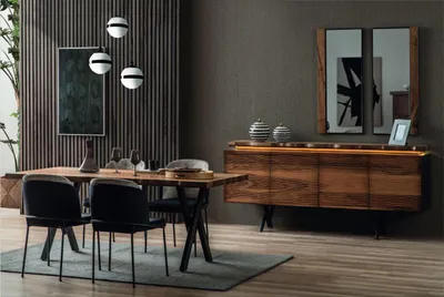 Produktbild von Komplette Braun-Schwarze Essgruppe Designer Holz Esstisch Polsterstühle