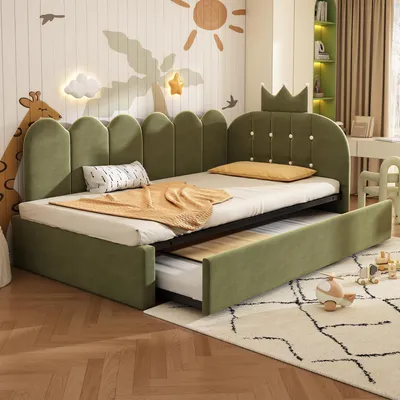 Obrázok produktu pre Detská rozkladacia pohovka Flieks 90 x 200 cm s vysúvacou posteľou 90 x 190 cm, čalúnená detská posteľ s čelom v tvare koruny, denná pohovka Daybed zo zamatu, zelená