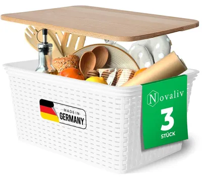Obrázek produktu pro Novaliv Sada 3 úložných boxů s dřevěným víkem Kuchyň 14L Bílý plastový ratanový vzhled Kuchyňské skladování a organizace Bez BPA Organizér Organizér Box pro čajové sáčky Svačinky Koření