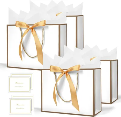 Imagen del producto de Bolsas de regalo blancas y doradas, 4 unidades, 23x16 cm, para celebraciones