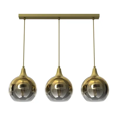 A modern pendant light fixture with three golden glass shades.