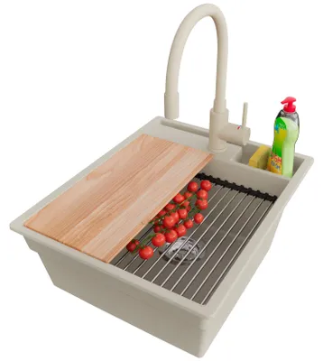 Produktbild von PRIMAGRAN Granitspüle Beige 43x53cm, Spülbecken 1 Becken + Ablauf-Set + Küchenzubehörset, Küchenspüle ab 45er Unterschrank - Oslo Pocket
