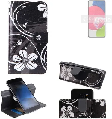Produktbild von K-S-Trade Schutzhülle Handyhülle kompatibel mit Samsung Galaxy A52s 5G Hülle 360° Wallet Case ''Flowers'' Klapphülle Hülle schwarz-weiß 1x
