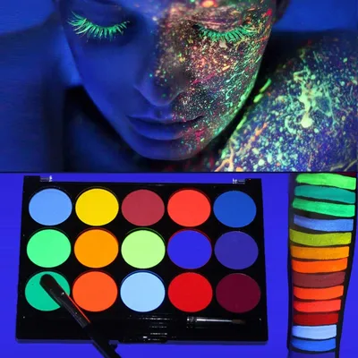 Produktbild von Körperfarbe fluoreszierend, 15 Farben Bodypaint mit Pinsel, Neon Glow Bobypainting Körperbemalung Facepaint wasserlöslich Malerei Party Halloween