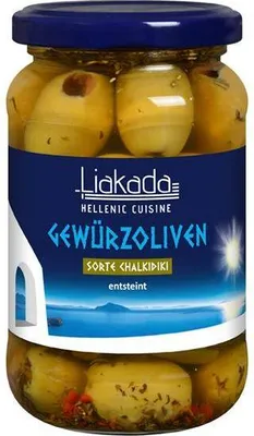 Produktbild von Liakada Grüne Gewürzoliven Sorte Chalkidiki ensteint 170 G Glas Vegan Glutenfrei Fruchtig, leicht bitter, würzige Note
