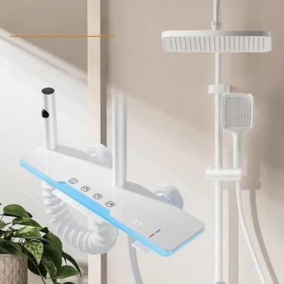 Immagine prodotto di Set doccia per il bagno - Sistema completo con doccia a pioggia - Indicatore di temperatura LED - Comandi a pulsanti - Altezza regolabile - Con doccetta manuale - Acqua calda e fredda, colore bianco