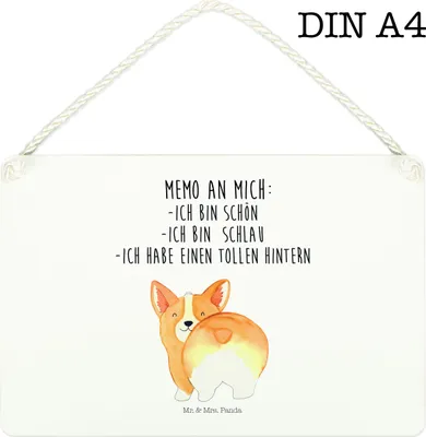 Produktbild von Mr. & Mrs. Panda Schild Corgi Po DIN A4 - Weiß - Geschenk, Holzschild, holzbild, Sprüche, wandtafel, Hundeliebe, Achtsamkeit, Hund, Spruch, Positiv, Spruchschild