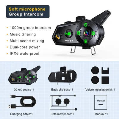 Produktbild von Motorradhelm-Bluetooth-Headset für 6 Personen, Wechsel-Gegensprechanlage, Reichweite 1000 Meter, kabellose Gegensprechanlage, weiches Mikrofon