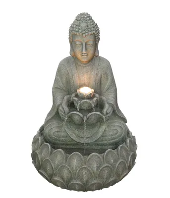 Produktbild von Dehner Gartenbrunnen Yoga, Outdoor-Brunnen mit warmweißer LED-Beleuchtung, solarfähig, ca. 36.5 x 55 x 36.5 cm, Polyresin, grau