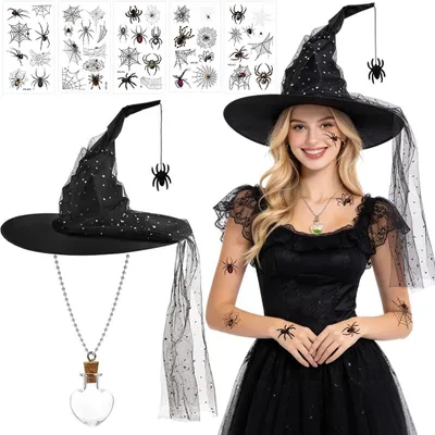 Hexenhut-Set für Damen, 3-teilig, schwarz, One Size