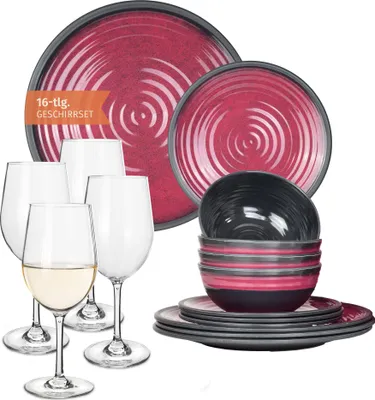 Produktbild von Melamin Camping Geschirr Set 4 Personen Stone Red + 4 Tiamo Weiß Weingläser Tafelgeschirr Picknick BBQ Kochgeschirr
