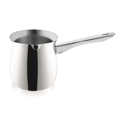 A stainless steel coffee pot with a handle, isolated on a white background.
