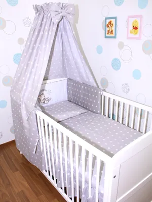 Produktbild von Primawela Baby Bettwäsche Set mit Applikation- 6 teiliges Set mit Vollstoff Himmel Bettset Nestchen - 3.Bärchen-Mond- Sterne auf Grau