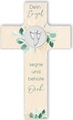 Produktbild von FRITZ COX Holzkreuz "Dein Schutzengel segne und behüte Dich" - christliches Geschenk für Kinder und wunderschön im Kinderzimmer | natur Holz, 15cm