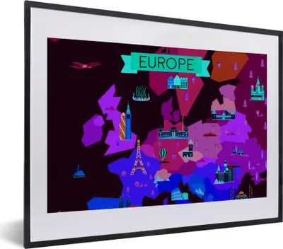 Produktbild von MuchoWow® MuchoWow® Gerahmtes Poster Karte - Europa - Architektur 40x30 cm - Poster mit zchwarzem Bilderrahmen - Bilderrahmen - Poster im Rahmen