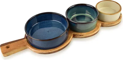 Produktbild von Servierbrett Akazienholz/Porzellan Allesken Modern Kitchen 35x12x1,2 cm Naturholz/Pastellrosa/Blau 4-tlg. (1 Brett + 3 Schalen)