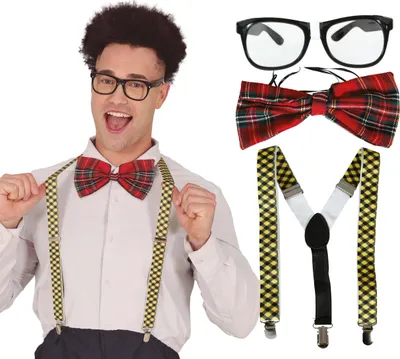 Image de Cultures du monde Carnaval Look 50s Style Nerd Lunettes Mouchoir Bretelles Fun Accessoires Fête Costume Rétro Voyage dans le temps Set de lunettes, Couleur : Multicolore