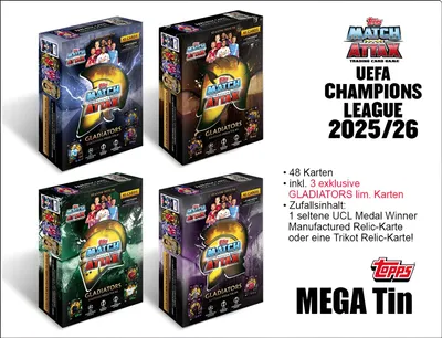Four boxes of Match Attax trading cards are displayed, with text describing the product contents and branding.