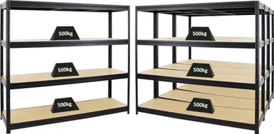 Produktbild von Mega Deal | 4x Schwerlastregal DINO | HxBxT 180x200x60cm | 4 MDF-Platten-Ebenen 6,5 mm | Fachlast 500kg | Schwarz