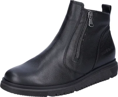 A black leather boot is shown against a white background.
