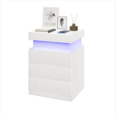 Produktbild von 2x Intelligenter LED Nachttisch mit Ladestation,Weiß Front Hochglanz Nachtkommode mit 3 Schubladen,Beistelltisch Kommode für Schlafzimmer 45x40x67cm