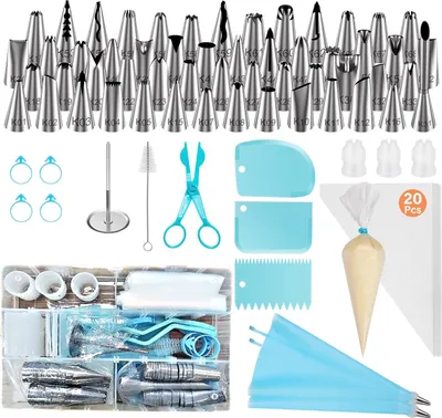 Produktbild von Spritzbeutel- und Tüllen-Set, 90-teiliges Kuchendekorations-Set mit 55 nummerierten Spritztüllen, wiederverwendbare und Einweg-Spritzbeutel zum Verzieren von Zuckerguss, zum Backen von Kuchen, Keksen und Cupcakes