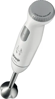 A white GORENJE hand blender with a silver blending attachment is shown against a white background.