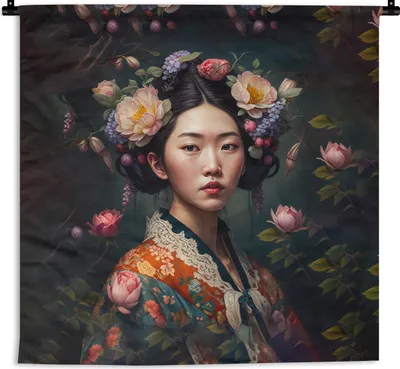 Produktbild von MuchoWow® Wandteppich Wandbehang Frau - Blumen - Kimono - Porträt - Asiatisch 150x150 cm Tapisserie Dekoration Wandtuch - Wohnaccessoires - Modernes