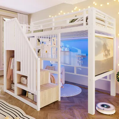 Immagine prodotto di Letto alto 90x200 cm con scala contenitore, illuminazione LED, sponda di sicurezza e barra appendiabiti, letto in metallo, bianco