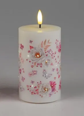 Produktbild von LED Kerze mit Rosen-Design, Weiß mit Rosa Blumen und Schmetterlingen, 7x10 cm, Fiberglas