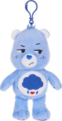 A blue plush toy bear with a cloud and raindrops on its belly, attached to a blue clip.