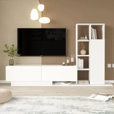 Produktbild von TV-Wand Blaze modern weiß, melaminbeschichtet, mit TV-Tisch, Wandschrank und Regalen