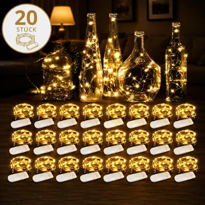Produktbild von LED Mini-Lichterkette – 20er Set, je 2 m, 20 LEDs, warmweiß, batteriebetrieben, Kupferdraht, E0217