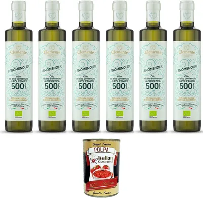 Produktbild von Clemente 100% Natives Olivenöl Extra „Fenomenolio“ mit hohem Polyphenolgehalt – 6x500 ml+ Italian Gourmet polpa 400g