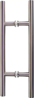 A pair of stainless steel door handles on a white background.