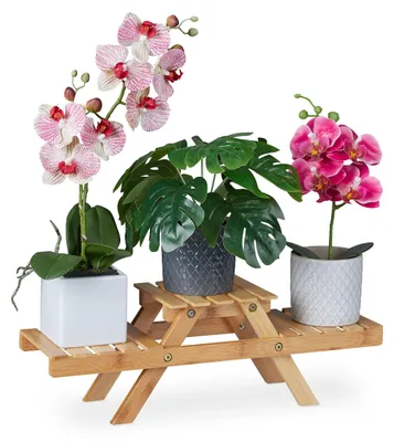 Produktbild von Blumenständer mit 3 Ablagen, für die Fensterbank, aus Bambus, Pflanzenregal, H x B x T: 17 x 51,5 x 15 cm, natur