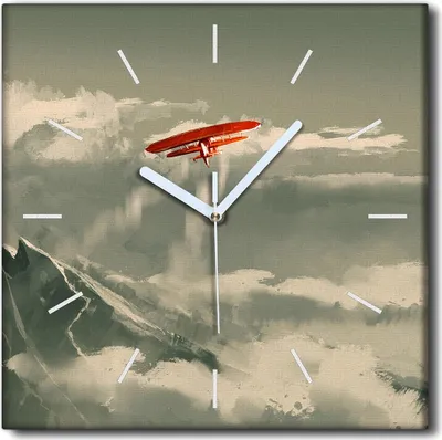 Produktbild von Coloray Uhr auf Leinwand 30x30 cm Wand Uhr Dekoration Wohnzimmer Segeltuch weiße Zeiger -Berge. Flugzeuglandschaft