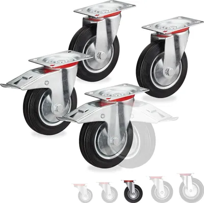 Produktbild von Relaxdays Schwerlastrollen 4er Set, drehbar, Kugellager, 2 Rollen mit Bremse, Tragkraft bis 320kg, Rad D: 125mm, schwarz