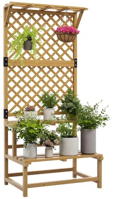 Productafbeelding van Plantenstandaard, bloemenrek, 2 lagen, met klimrek en dak, vurenhout, 75x50x166cm, geel