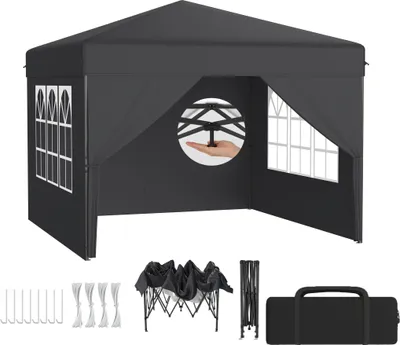 Produktbild von LZQ Pop-Up Pavillon 2,5x2,5 m Faltpavillon für Garten & Terrasse, Wasserdicht, UV-Schutz, Ein-Knopf-Schnellaufbau, 3-fach höhenverstellbar, Anthrazit (mit Seitenwände)