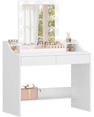 Image de Table de maquillage avec éclairage LED, 90 cm, blanche, 2 tiroirs, 3 compartiments, modèle DT40703X