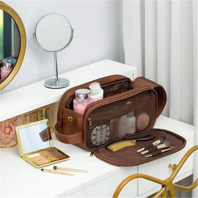 Image de Trousse de toilette de voyage pour hommes Grand kit de rasage double en cuir PU