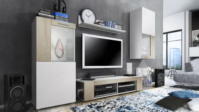 Produktbild von Vladon Wohnwand Movie, Anbauwand bestehend aus 1 TV-Board, 2 Vitrinen und 1 Regal, Weiß matt/Weiß matt/Eiche Sägegrau (Gesamt: 300 x 190 x 39 cm)